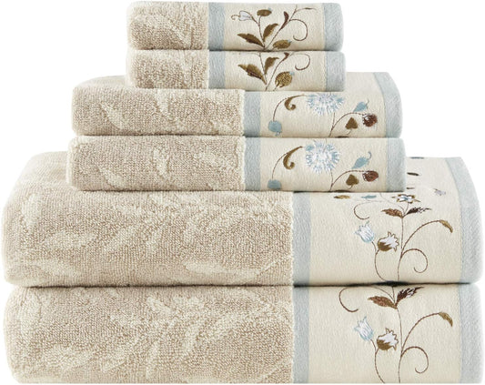 Serene Floral Embroidered 100% Cotton Jacquard Ultra Soft Absorbent Bathroom Towel Set Shower Hand Face Washcloths, See Below, Blue